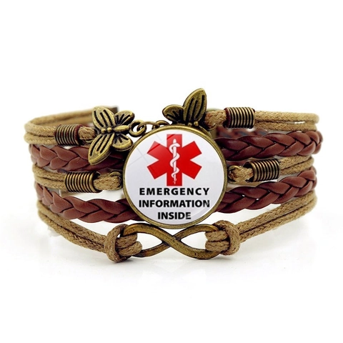 Mehrschichtiges Geflochtenes Leder Und Legierung Medizinische Warnung Diabetes Armband Mit Unendlichkeit Schmetterling Anhängern Notfall ID