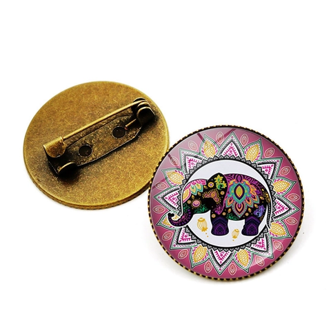 Vintage Round Alloy Glass Elephant Mandala Pattern Brooch Pin Bronze Retro Ethnic Jewelry For Women Men Apparel Accessories