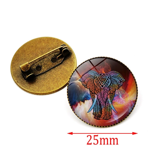 Vintage Round Alloy Glass Elephant Mandala Pattern Brooch Pin Bronze Retro Ethnic Jewelry For Women Men Apparel Accessories