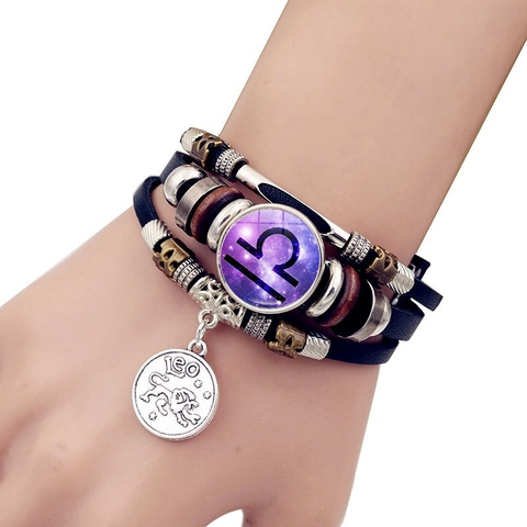 Luminous Twelve Constellations Multilayer Leather Bracelet For Men Women Vintage Punk Glow In The Dark Woven Wrap Bracelet Jewelry Gift