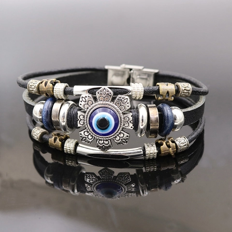 Pulsera De Cuero Trenzado De Múltiples Capas Con Amuleto De Ojo Turco Nazar De Vidrio Y Cuentas De Aleación Joyería Étnica Retro
