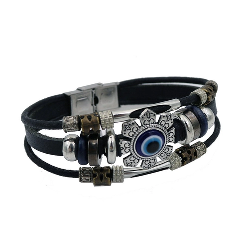 Pulsera De Cuero Trenzado De Múltiples Capas Con Amuleto De Ojo Turco Nazar De Vidrio Y Cuentas De Aleación Joyería Étnica Retro