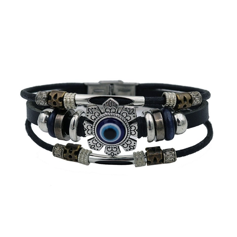 Bracciale Intrecciato Multistrato in Pelle Artificiale Vintage Malocchio in Vetro Ciondolo in Lega Etnico Stile Punk Gioielli