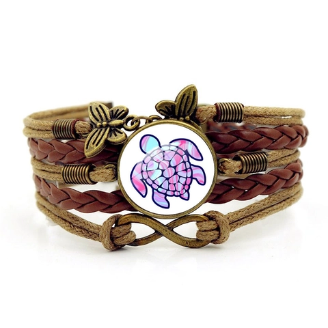 Mehrlagiges Geflochtenes Lederarmband Mit Legierung Schmetterling Unendlichkeitssymbol Bunte Schildkröte Glas Vintage