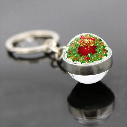 Weihnachten Schlüsselanhänger Doppelseitig Glaskugel Zinklegierung Anhänger Weihnachtsmann Schneemann Rentier Muster Geschenk