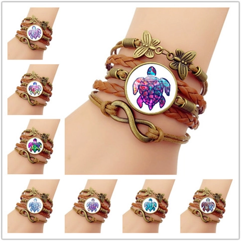Mehrlagiges Geflochtenes Lederarmband Mit Legierung Schmetterling Unendlichkeitssymbol Bunte Schildkröte Glas Vintage