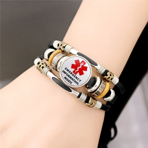 Medical Alert Diabetes Bracelet For Men Women Leather Multilayer Vintage Diabetic Type 1 Type 2 Star of Life Jewelry