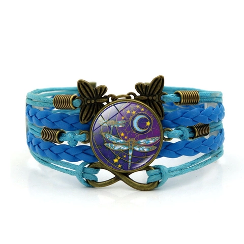 Pulsera Tejida Multicapa Vintage Aleación Cuero PU Cabujón Vidrio Libélula Luna Mariposa Infinito Dijes Estilo Bohemio