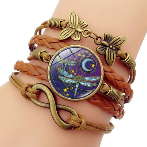 Pulsera Tejida Multicapa Vintage Aleación Cuero PU Cabujón Vidrio Libélula Luna Mariposa Infinito Dijes Estilo Bohemio