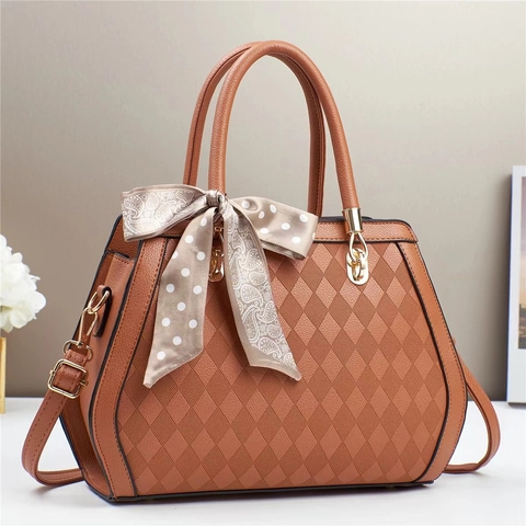 Quilted PU Leather Handbag With Satin Scarf Rhombic Pattern Elegant Shoulder Crossbody Bag For Women Daily Travel Work