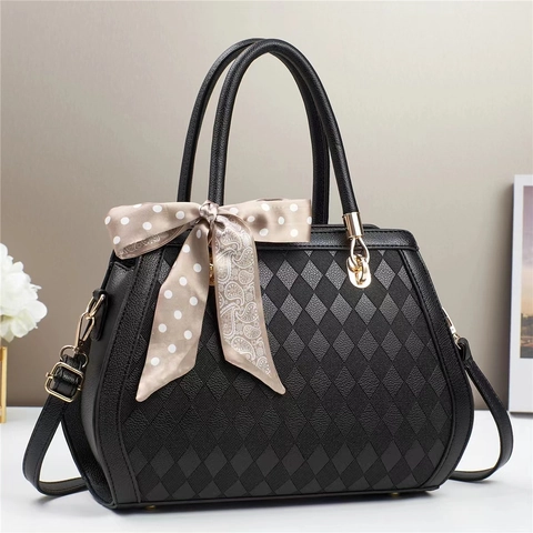 Quilted PU Leather Handbag With Satin Scarf Rhombic Pattern Elegant Shoulder Crossbody Bag For Women Daily Travel Work