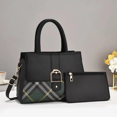 Bolso De Mano Y Estuche De Cuero PU Para Mujer Patchwork De Cuadros Gran Capacidad Bandolera Hebilla Dorada Moderno