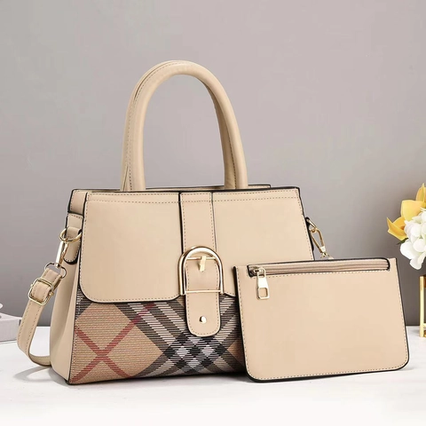 Bolso De Mano Y Estuche De Cuero PU Para Mujer Patchwork De Cuadros Gran Capacidad Bandolera Hebilla Dorada Moderno