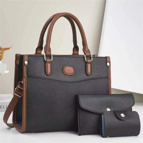 Women PU Leather Tote Handbag Wallet And Card Holder Shoulder Bag Contrast Trim Large Capacity Minimalist Commuter
