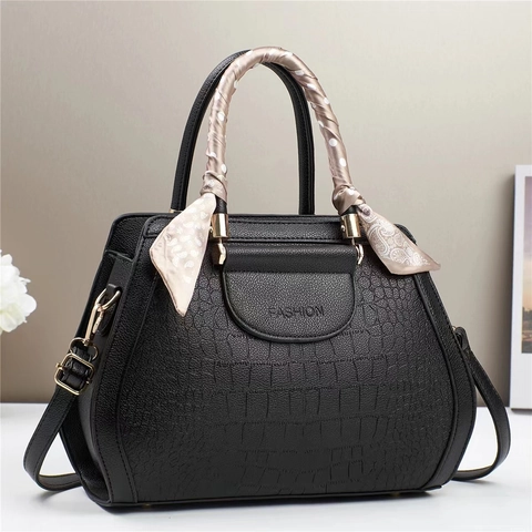 Damen Handtasche Mit Krokodilmuster Schal Dekor Große Kapazität PU Leder Umhängetasche Mode Elegant Tote