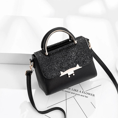 Damen Mode PU Leder Pailletten Klappe Handtasche Metallgriff Katzenohr Schloss Umhängetasche Lässige Kleine Quadratische Schultertasche