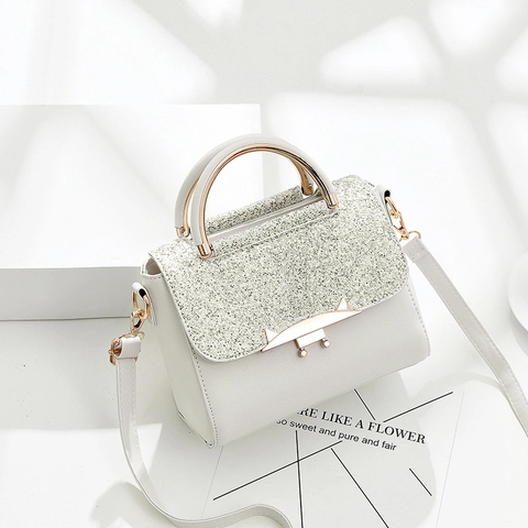 Damen Mode PU Leder Pailletten Klappe Handtasche Metallgriff Katzenohr Schloss Umhängetasche Lässige Kleine Quadratische Schultertasche