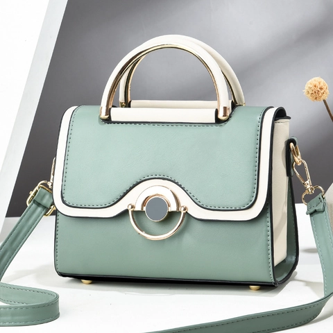 Women Fashion PU Leather Patchwork Bucket Bag Contrast Color Top Handle Handbag With Metal Buckle Crossbody Shoulder Bag