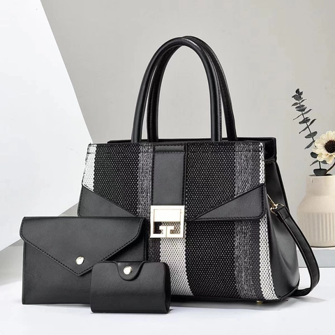 Women Tote Handbag PU Leather Striped Fabric Color Block Large Capacity Shoulder Bag With Clutch And Card Holder Fashion