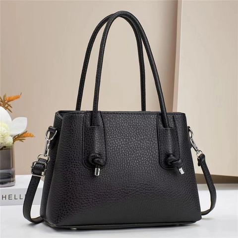 Women Lychee Grain PU Leather Handbag Minimalist Shoulder Crossbody Bag Large Capacity With Dual Handles Elegant Knot Detail