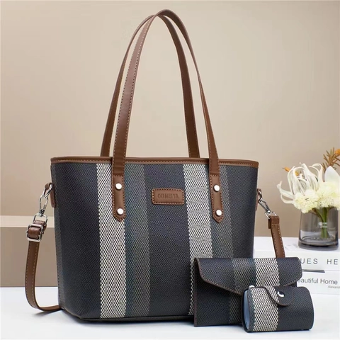 Striped Canvas Women Bag Combo With Tote And Envelope Clutch And Coin Pouch Vintage Contrast Color Large Capacity Shoulder Handbags