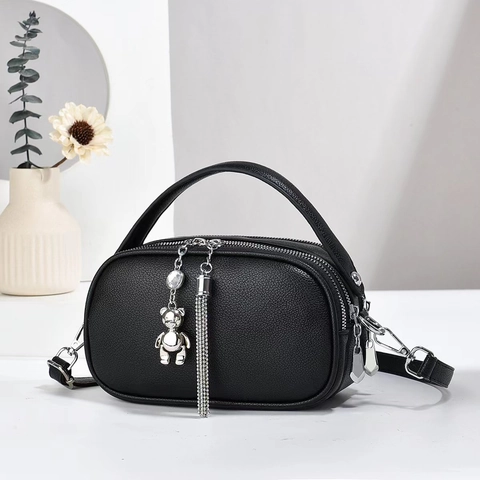 Women Litchi Pattern PU Leather Crossbody Bag Multi-Layer Zipper Handbag With Bear Charm Tassel Adjustable Strap