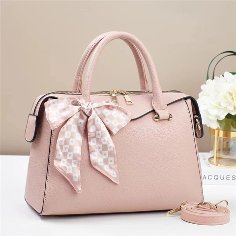 Women Lychee Pattern PU Leather Handbag With Satin Scarf Boston Style Crossbody Shoulder Bag Large Capacity Top Handle