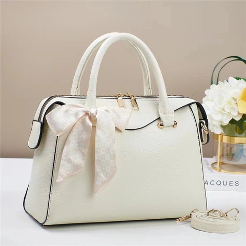 Women Lychee Pattern PU Leather Handbag With Satin Scarf Boston Style Crossbody Shoulder Bag Large Capacity Top Handle