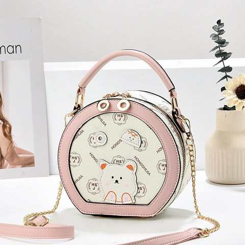 Runde Umhängetasche Damen PU Leder Cartoon Bär Druck Trendige Schulterhandtasche Mit Kettengurt Süßer Lässiger Stil