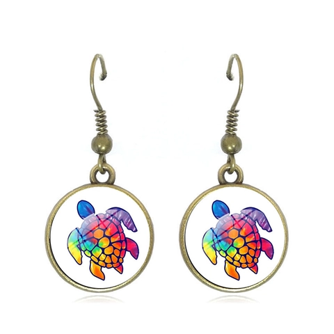 Vintage Alloy Dangle Earrings With Colorful Sea Turtle Glass Cabochon Bohemian Style For Women