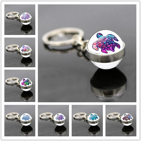 Artistic Sea Turtle Glass Ball Keychain Colorful Ocean Animal Alloy Keyring For Women Men Handbag Pendant Decoration Birthday Gift