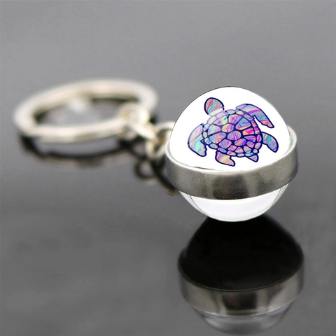 Artistic Sea Turtle Glass Ball Keychain Colorful Ocean Animal Alloy Keyring For Women Men Handbag Pendant Decoration Birthday Gift