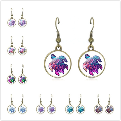 Vintage Alloy Dangle Earrings With Colorful Sea Turtle Glass Cabochon Bohemian Style For Women