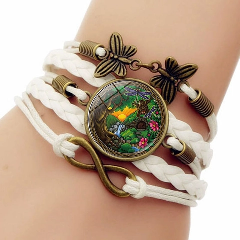 Bracciale Intrecciato Multistrato Vintage Bohemien Lega Farfalla Infinito Paesaggio Naturale Cabochon In Vetro Cordino In Pelle