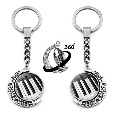Rotating Piano Keys Music Note Crescent Moon Keychain Zinc Alloy Glass Cabochon Musical Instrument Key Ring For Music Lovers Gift