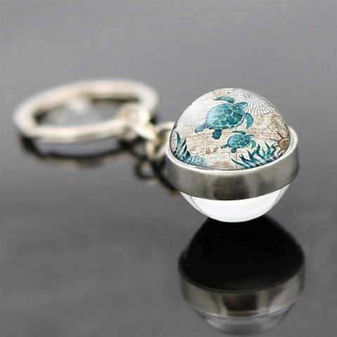 Vintage Nautical Sea Turtle Starfish Double Sided Glass Ball Keychain Zinc Alloy Ocean Theme Pendant Key Ring For Backpack Gift