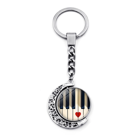 Rotating Piano Keys Music Note Crescent Moon Keychain Zinc Alloy Glass Cabochon Musical Instrument Key Ring For Music Lovers Gift
