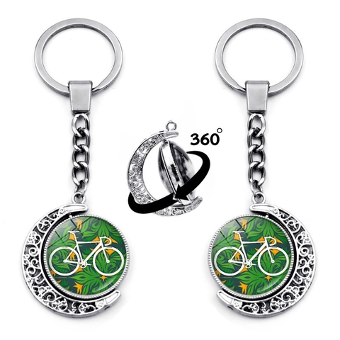 Porte-clés Lune Croissante Rotatif à 360 Degrés Vintage Alliage de Zinc Verre Cabochon Rétro Bicyclette Panier de Fleurs Cadeau