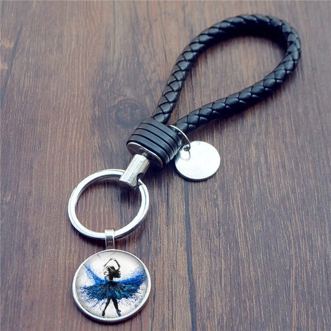 Artistieke Balletdanseres Silhouet Sleutelhanger Handgeweven Gevlochten PU Leren Touw Glas Cabochon Hanger Sleutelring Sieraden Voor Dansliefhebbers Cadeau