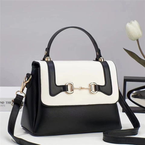 Bolso de Cubo de Cuero PU de Color de Contraste de Moda con Bocado de Caballo Bandolera de Hombro para Mujer