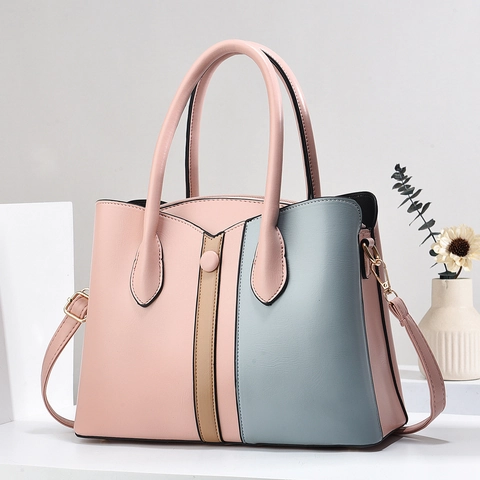 Women Color Block Patchwork PU Leather Handbag Large Capacity Shoulder Bag With Detachable Strap Fashion Tote Bag For Work