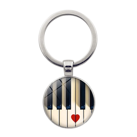 Piano Keyboard Musical Note Heart Keychain Zinc Alloy Glass Time Gem Music Lover Pendant Key Ring Art Jewelry Gift