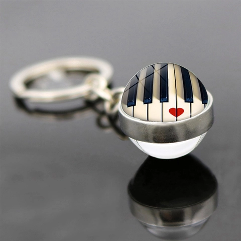 Porte-clés Boule de Verre Clavier de Piano Musical Pendentif Double Face Notes de Musique Cœur Alliage de Zinc Anneau de Clé Cadeau