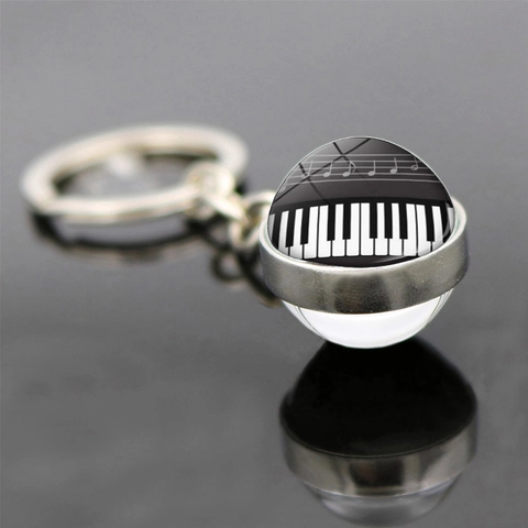 Porte-clés Boule de Verre Clavier de Piano Musical Pendentif Double Face Notes de Musique Cœur Alliage de Zinc Anneau de Clé Cadeau