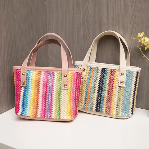 Women Rainbow Striped Straw Woven Handbag Mini Tote With Rivet Studs Summer Beach Vacation Crossbody Bag Fashion Purse