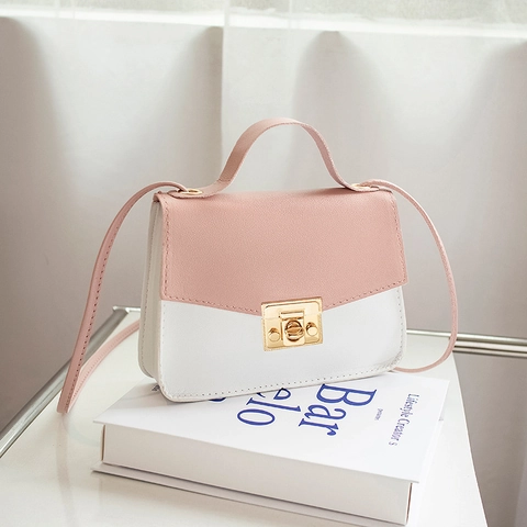 Borsa Tracolla Donna Pelle PU Blocchi Di Colore Piccola Borsa Quadrata Con Serratura Metallica Manico Elegante