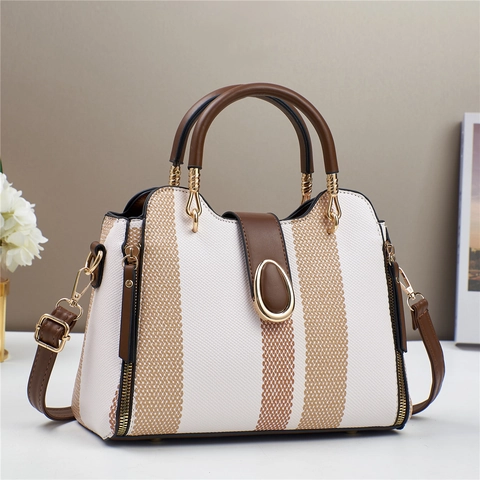 Bolso De Mano Mujer Rayas Verticales Color Contraste Cuero PU Tela Costura Bolso De Hombro Cruzado Herrajes Dorados