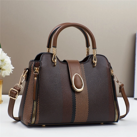 Bolso De Mano Mujer Rayas Verticales Color Contraste Cuero PU Tela Costura Bolso De Hombro Cruzado Herrajes Dorados