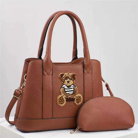 Women Teddy Bear Patch Litchi Grain Handbag And Coin Purse PU Leather Tote Crossbody Shoulder Bucket Bag Daily Match