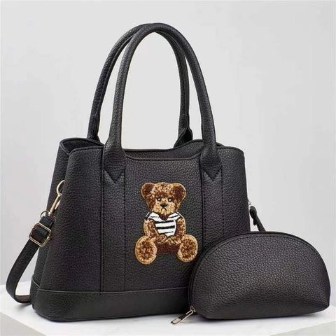 Women Teddy Bear Patch Litchi Grain Handbag And Coin Purse PU Leather Tote Crossbody Shoulder Bucket Bag Daily Match